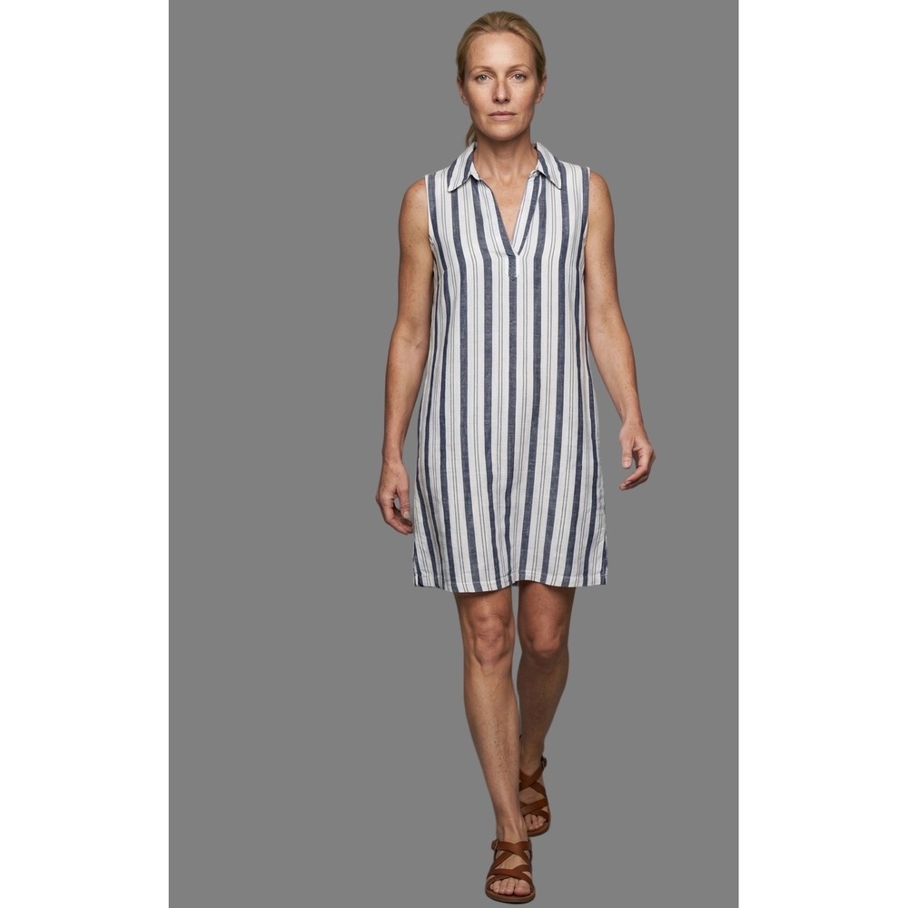 Per Se Linen Blend Striped Shift Dress M Coastal Grandma Sleeveless Beach Tunic